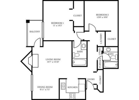 Floor plan for 2 beds, 2 baths, 1094 sqft